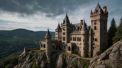 Majestic castle perched atop a rocky cliff overlooking a lush valley under a dramatic sky.