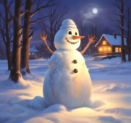 Fototapeta premium Illustration of winter landscape with funny snowoman.