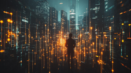 Fototapeta premium Abstract business man stands on the peak of success amid tall, innovative Smart city and graphs with statistics to analyze business potential and predict future developments in company growth.