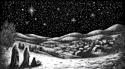 Obraz premium A serene night scene depicting figures gazing at a starry sky over a tranquil village.