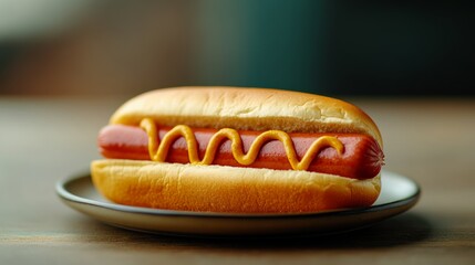 A hot dog with mustard and ketchup on a white plate. The hot dog is sitting on a wooden table