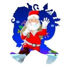 Santa Claus, dressed in his classic red outfit, waves cheerfully amidst a snowy, festive landscape. A background of snowflakes, candy canes, and evergreen trees enhances the holiday spirit.