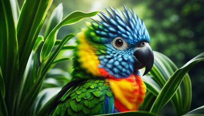  Vibrant parrot among lush green tropical leaves