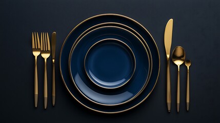 Fototapeta premium Elegant Navy Blue and Gold Dinnerware Place Setting