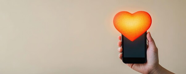 A hand holding a smartphone with a glowing heart symbol on the screen, symbolizing love and connection in the digital age.