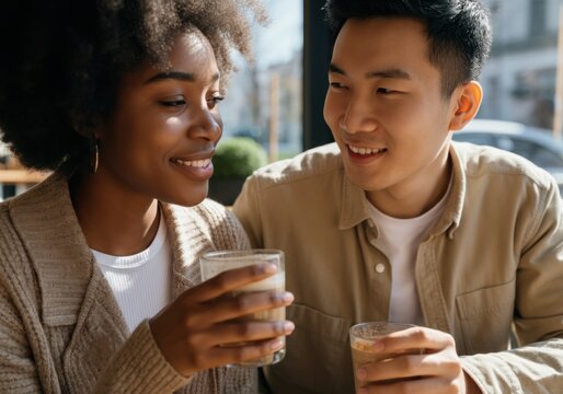 Young multi-ethnic couple smiling and holding coffee cups, enjoying a date at a sunny outdoor cafe