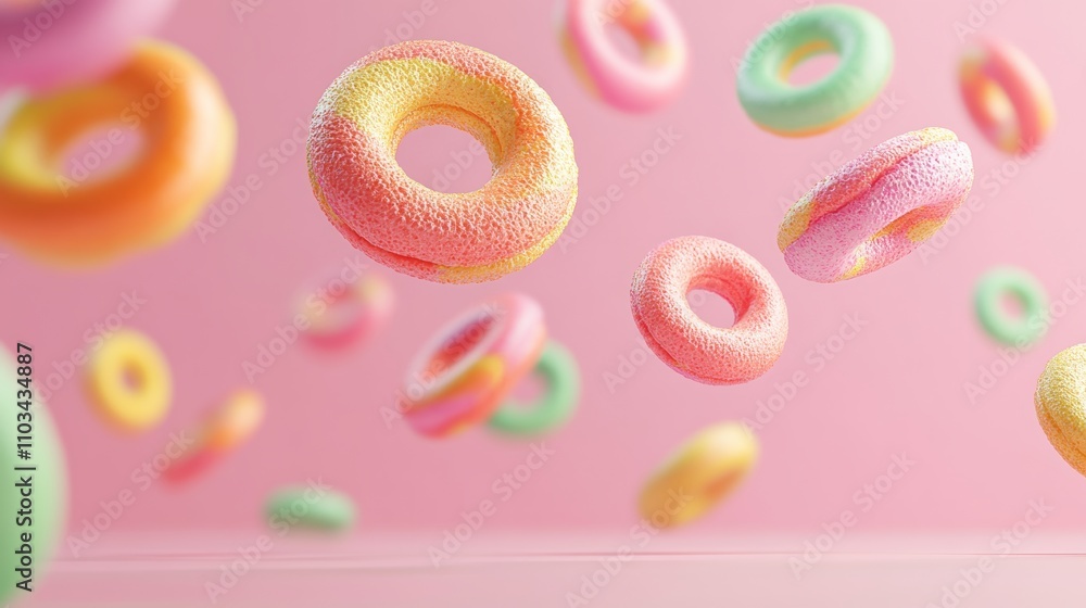 Poster a colorful array of donuts in the air, with one of them being a yellow and pink one