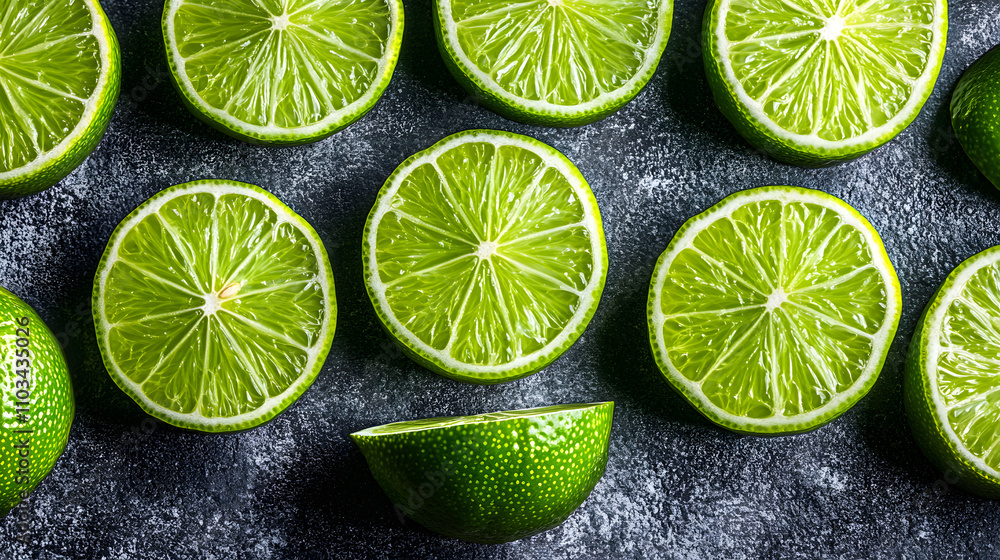 Poster vibrant, juicy lime slices arranged on a dark background. a refreshing and zesty image perfect for c