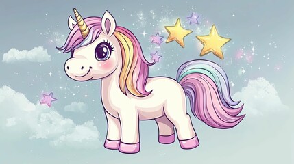 Adorable Rainbow Unicorn Amidst Sparkling Stars and Clouds