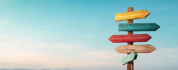 Colorful wooden signpost with multiple directions against a clear blue sky, symbolizing travel and adventure.