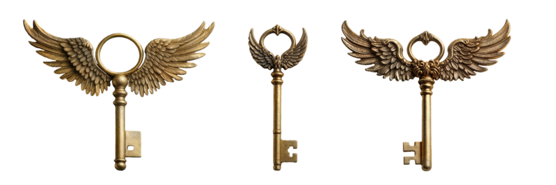Ai generated fantasy golden keys with wings isolated on transparent background