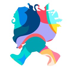 A colorful silhouette shows a person walking with layered, abstract shapes. Bold hues of blue, red, purple, and yellow create a visually striking composition.