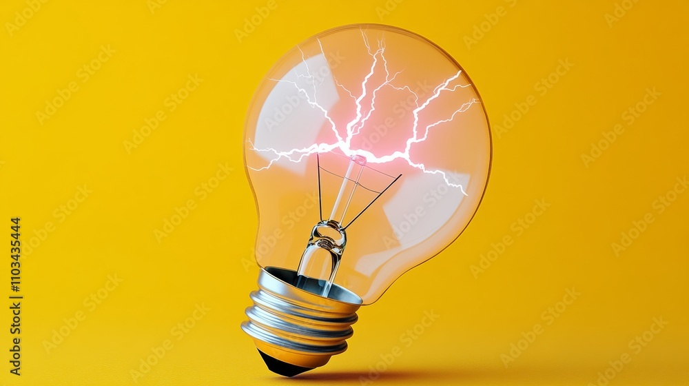 Aufkleber a light bulb with a lightning bolt in it is lit up on a yellow background. concept of energy and pow