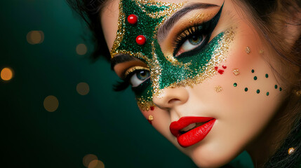 Obraz premium Close-Up Portrait of a Woman in High-Fashion Christmas Makeup with Glitter Accents and Vibrant Festive Colors for Holiday Campaigns