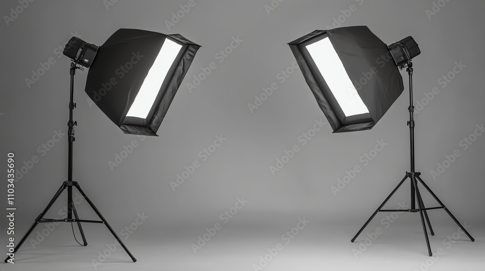 Poster two studio lights with softboxes set up in front of a grey background.