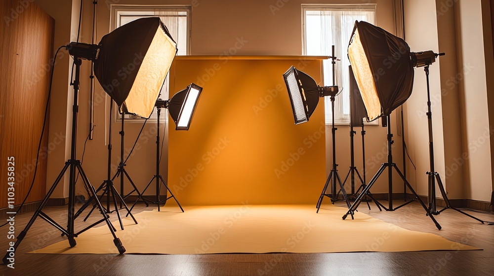 Poster studio lights with softboxes set up in front of a yellow background.