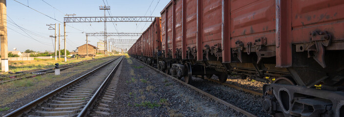 Old red train car, freight train