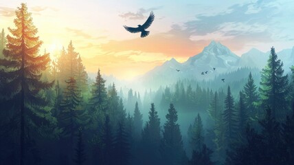 Naklejka premium A Single Bird Soaring Above a Foggy Forest with Mountains in the Distance