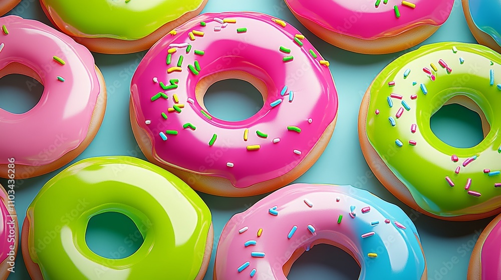 Poster a row of colorful donuts with sprinkles on top. the donuts are arranged in a way that they look like