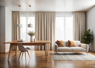 Fototapeta premium Minimalist Living Room Advertising Space Featuring a Wooden Table Against a White Curtain Background for Blank Presentation and Text Addition in Modern Interior Design