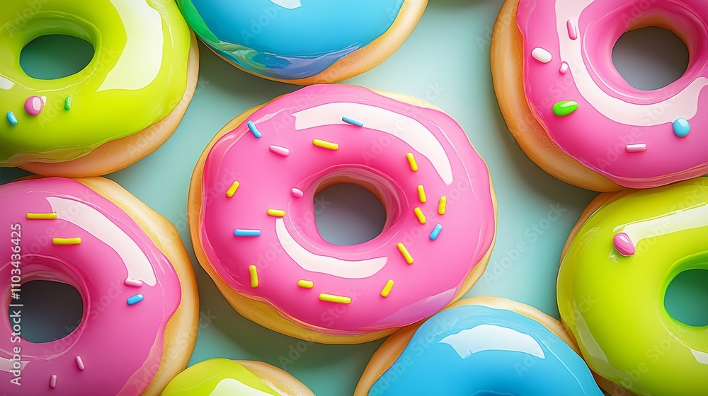 Poster a row of colorful donuts with sprinkles on top. the donuts are arranged in a way that they look like