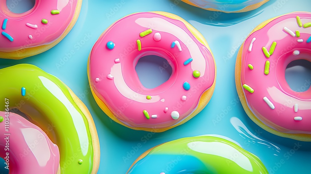 Poster a row of colorful donuts with sprinkles on top. the donuts are arranged in a way that they look like