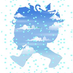 A silhouette of a walking person is filled with a sky scene featuring clouds and small blue dots scattered throughout. The design creates a sense of movement and a blend between sky and human form.