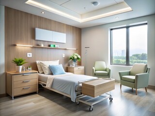Fototapeta premium Minimalist Modern Hospital Room Featuring a Bed, Chair, and Side Table in Serene Color Palette for Healthcare and Wellness Concepts