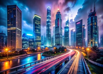 Fototapeta premium Captivating Futuristic Cityscape at Night with Neon Lights and Skyscrapers Reflecting on Wet Streets Creating a Mesmerizing Ethereal Atmosphere for Modern Urban Photography