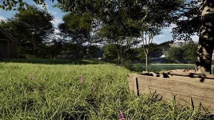 Lush Green Grass Field with Trees and Distant Building Under Blue Sky
