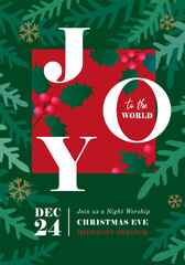 Joy, Christmas Eve midnight service poster. Joy to the world, Merry Chrismas christian design for social media banners or greeting cards