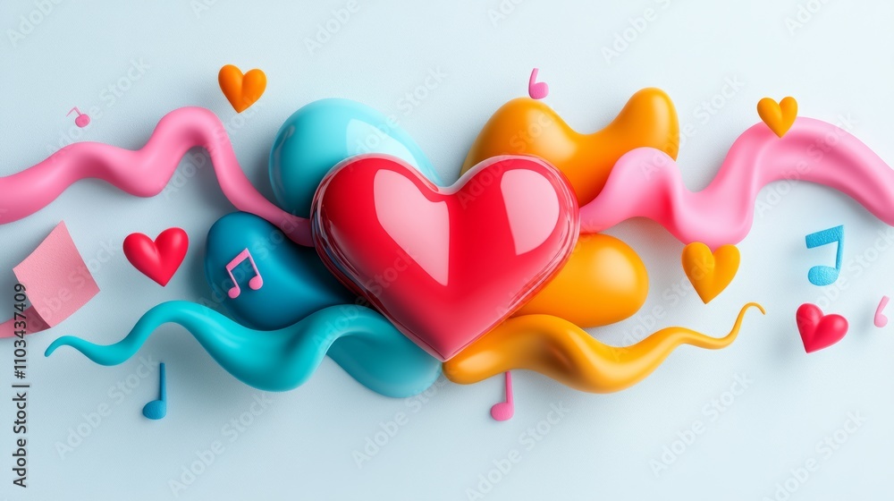 Poster a heart is surrounded by a colorful swirl of other hearts and musical notes. the heart is red and th
