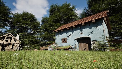 Obraz premium Rustic Blue Stone Cottage and Wooden Shack in Grassy Field