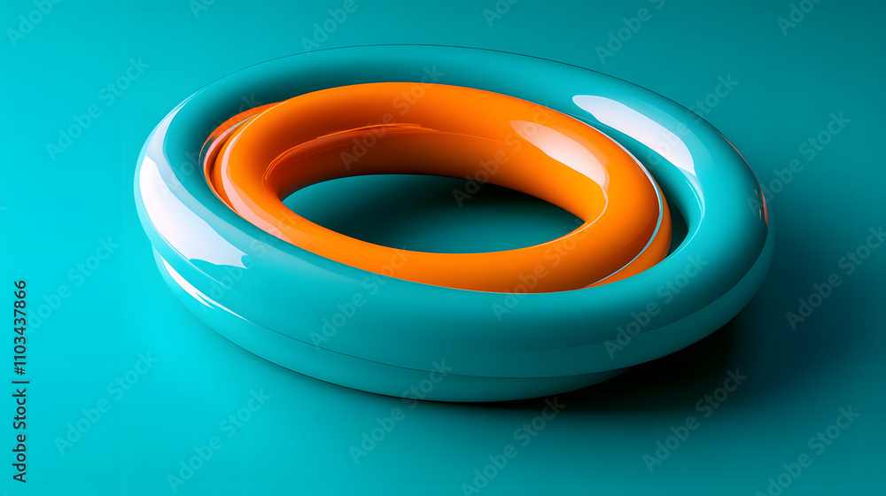 Poster abstract image of teal and orange glossy rings interlocked, creating a modern and vibrant design. pe