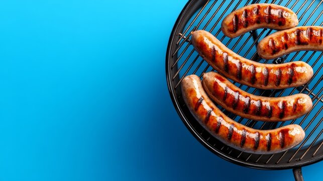 A grill with hot dogs on it. The grill is black and the background is blue