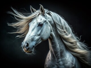 Captivating Gray Horse Head on Black Background with Stunning Details and Textures for Equine Photography Enthusiasts