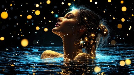 Obraz premium Glowing Underwater Goddess Amid Starry Night Sky and Cosmic Energy