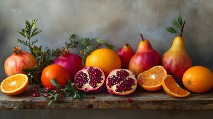 kompozycja martwa natura, owoce zimowe, granaty, pomarańcze, gruszki, rustykalny stół, kawałki owoców, liście, świeży tymianek, delikatne oświetlenie boczne, naturalne tekstury, intensywne kolory, tło