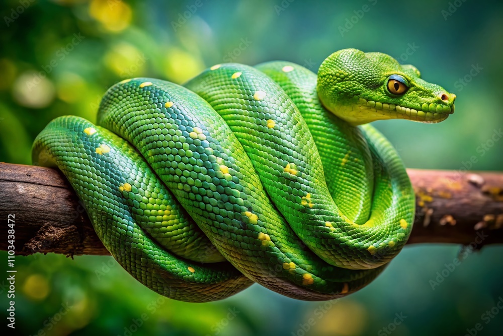 Poster captivating green tree python snake displaying vibrant colors in a serene natural habitat with ample