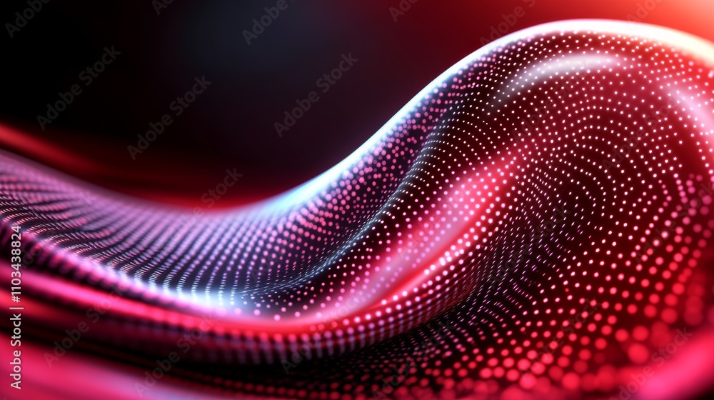 Poster a colorful, abstract design with a red and white swirl and many dots. the swirl is dynamic and full 
