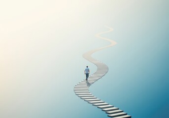 Man walking upward on a winding staircase toward bright light, symbolizing journey, progress, and hope