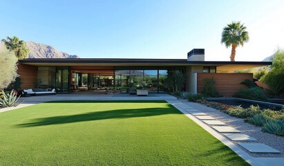 Modern house with green grass and landscaping in Arizona, concrete material facade, sliding glass doors, flat roof structure