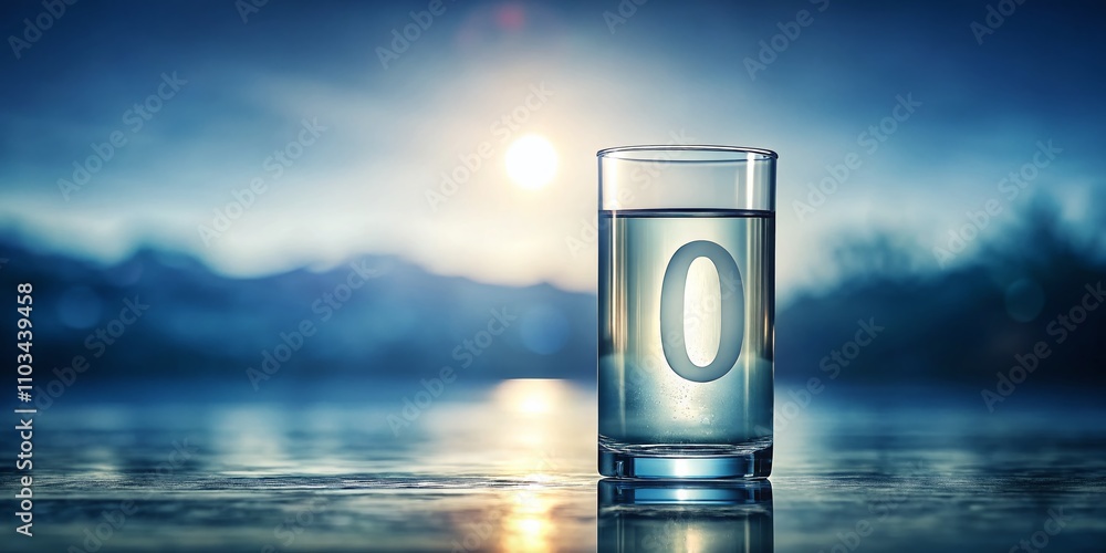 Poster captivating image of the number zero floating inside a glass of water, perfectly positioned with rul