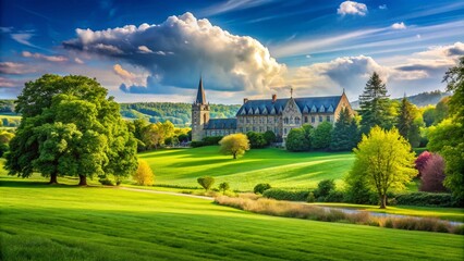 Obraz premium Captivating Landscape Depicting the Essence of Liberal Arts Education with Lush Green Fields, Academic Buildings, and Inspiring Natural Surroundings