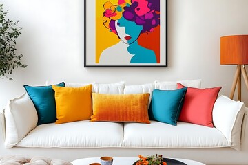 
Scandinavian interior design of modern living room, home. Colorful vibrant pillows on white sofa against wall with art poster frame.


