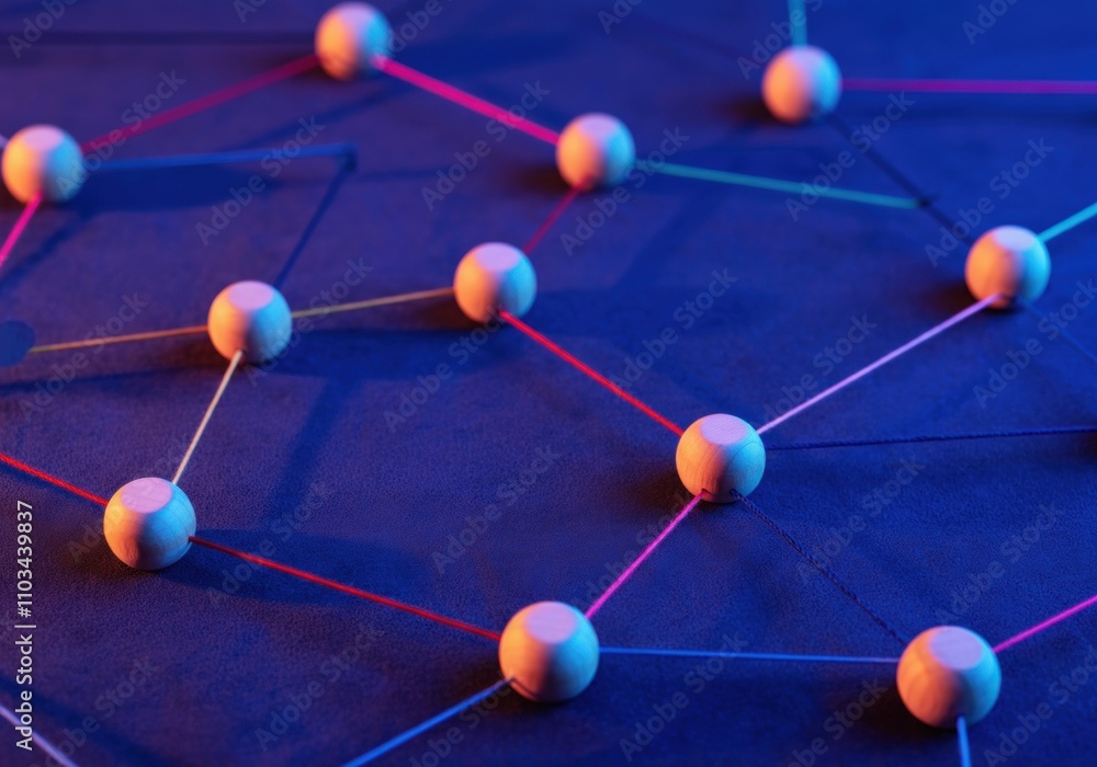 Poster wooden spheres interconnected by colorful strings forming a network on a dark surface, representing 