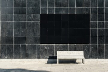 Blank rectangular billboard with a sleek black tile background and modern concrete bench minimal design perfect for advertising mockups