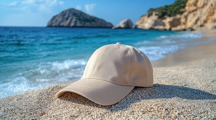 baseball cap on the beach with sea background. Summer vacation concept