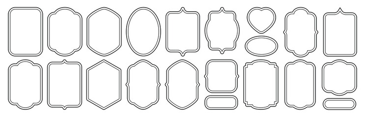 Set of simple black white frames with double stroke. Collection of vertical blank templates to decorate text. Greeting or wedding frames. Decorative simple frames. Set of antique frames. Stickers set 