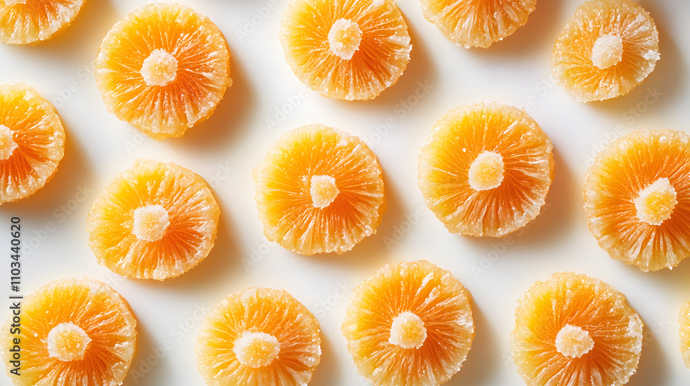 Poster overhead shot of multiple candied orange slices arranged in a repeating pattern on a white backgroun
